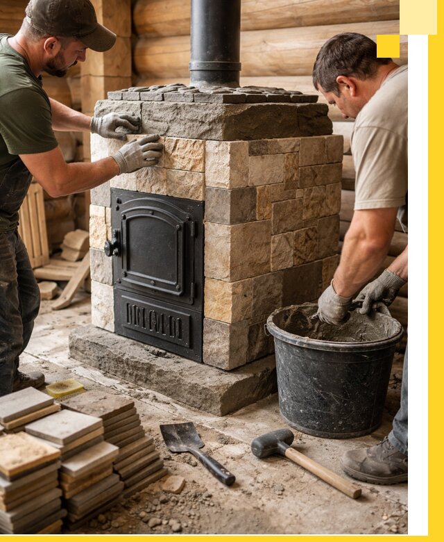 Облицовка банной печи под ключ в Видном: камень и плитка